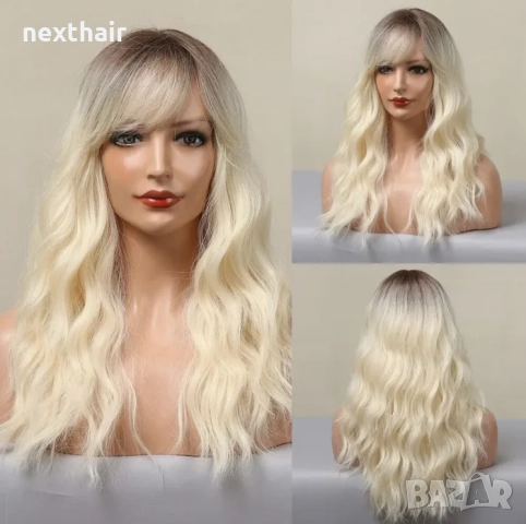 Светло руса омбре чуплива перука 60 см с тъмни корени и бретон, снимка 4 - Аксесоари за коса - 52846015