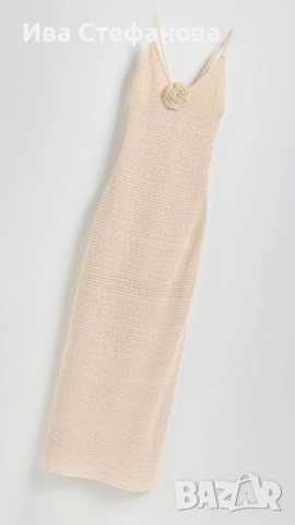 Нова дълга  елегантна плетена фабрично плетиво елегантна рокля 3Д 3D цвете роза екрю цвят бежова , снимка 8 - Рокли - 42560711