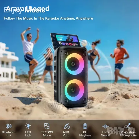 Преносима Bluetooth караоке колонка T-08 с два микрофона, снимка 2 - Караоке - 56115230