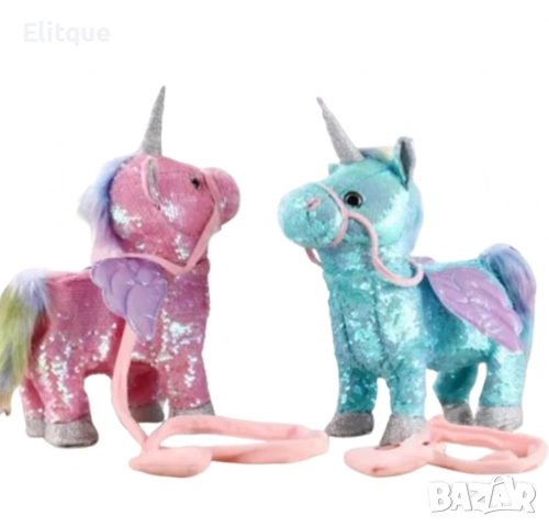 Очарователен ходещ еднорог на каишка с песни и пайети, снимка 3 - Плюшени играчки - 52745104