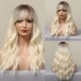 Светло руса омбре чуплива перука 60 см с тъмни корени и бретон, снимка 4