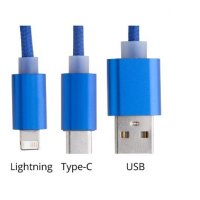 Scolt Кабел 3 в 1 USB, Lightning, micro USB и USB type C, син, снимка 4 - USB кабели - 38188614