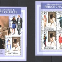 Чисти марки  в малък лист и блок Принц Чарлз 2013 от Того, снимка 1 - Филателия - 40730246
