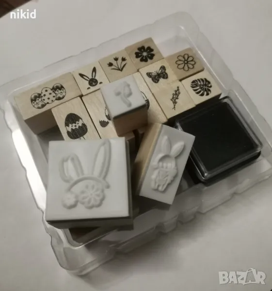 16 бр Великденски гумирани дървени печати печата с мастило за бисквитки картички  украса, снимка 1