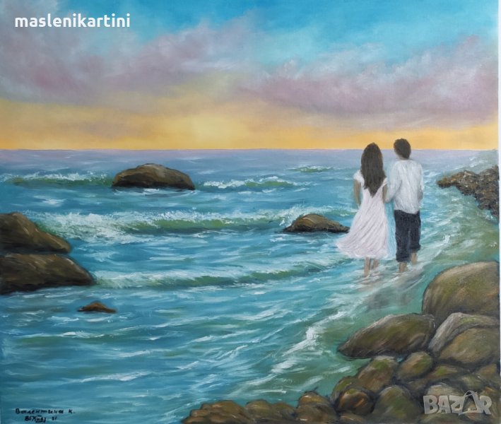 Маслена картина с момче и момиче на морския бряг, снимка 1