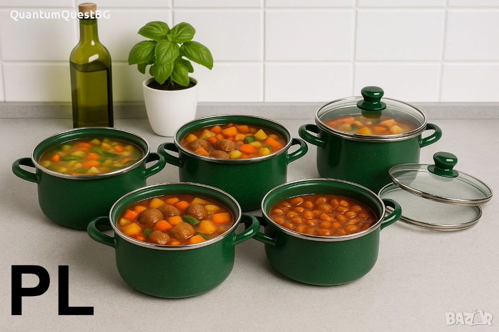 Комплект 5 броя тенджери, със 5 бр стъклени капаци Висококачествена изработка ,Зелен, снимка 1