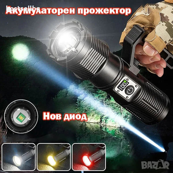 Мощен далекобоен тактически прожектор акумулаторен LED ръчен фенер и къмпинг лампа за лов риболов, снимка 1