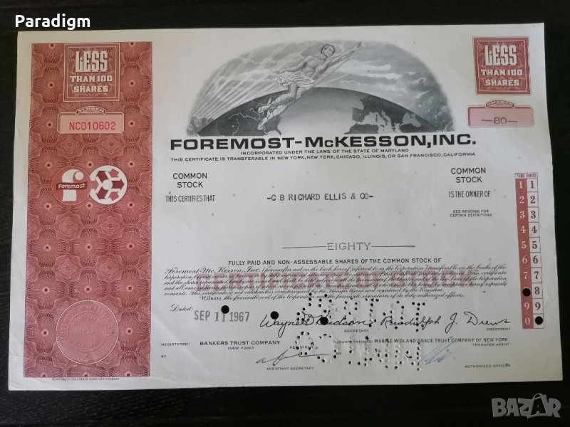 Сертификат за 80 акции (САЩ) | Foremost - McKesson Inc. | 1967г., снимка 1