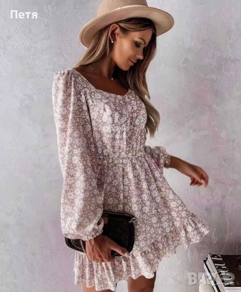 Ефирна Рокля в бежово с флорален десен, снимка 1