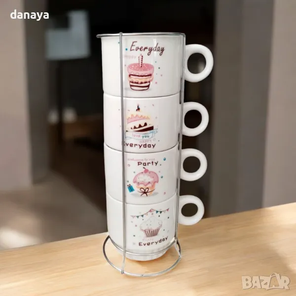 5547 Комплект керамични чаши на метална стойка Everyday Happy, снимка 1