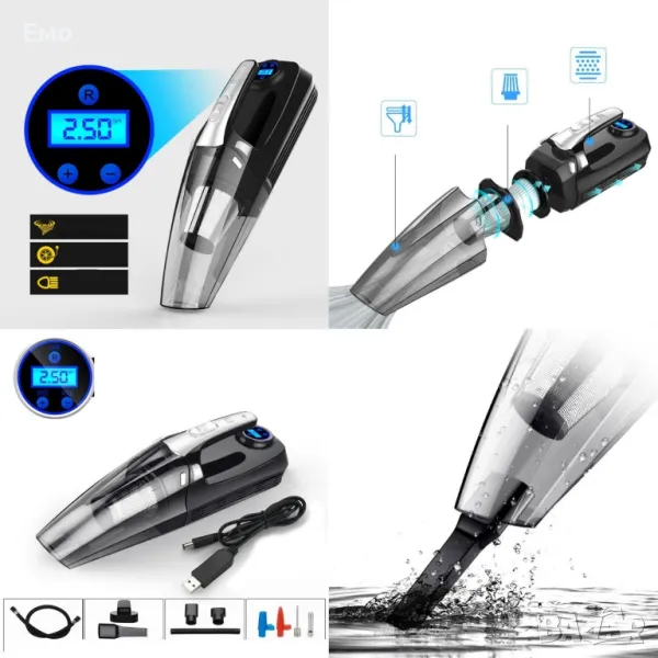 Мощна прахосмукачка за кола 4 в 1 въздушна помпа и маномутър - 4000mAh - #9987, снимка 1