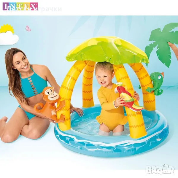 Детски надуваем басейн със сенник Intex, 102 х 86 см, тропически остров, с животни , снимка 1