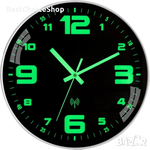 Стенен часовник - 30 см.радиоуправляем, големи светещи в тъмното цифри, безшумен