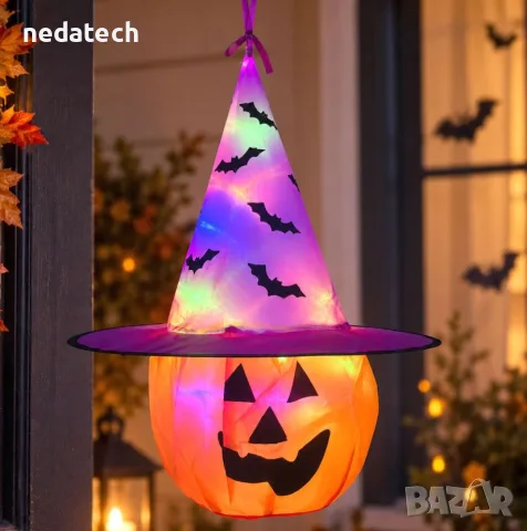 Висяща Halloween тиква с шапка и LED – 39x55 cm, снимка 2 - Декорация за дома - 56196779