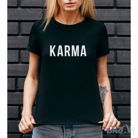 Karma/ Карма дамска тениска, памучна фланелка, зелено, черно, щампа, снимка 2 - Тениски - 54113602