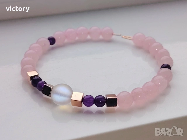 Енергийна гривна с лунен камък, розов кварц и аметист