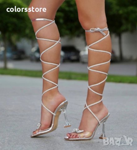 Сандали на ток - сребрист лак - BY26, снимка 2 - Сандали - 34960485