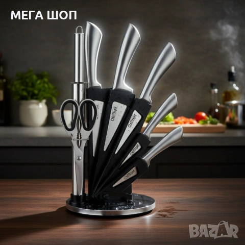 Комплект ножове 8 части със стойка Cheffinger – неръждаема стомана, въртяща се акрилна поставка 360°, снимка 2 - Други - 53928696