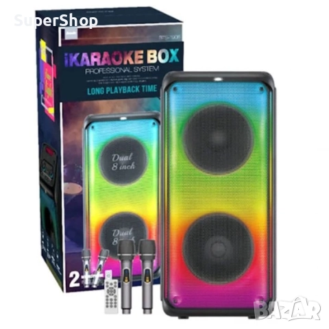 Мощна Безжична караоке тонколона с два говорителя и два микрофона LED колона караоке парти, снимка 3 - Тонколони - 52158234
