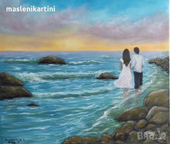 Маслена картина с момче и момиче на морския бряг, снимка 1 - Картини - 31337040