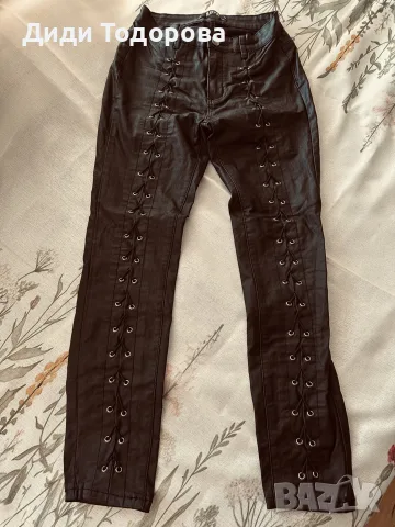 Дамски черен панталон с мокър ефект и връзки SOYA Fashion, снимка 2 - Панталони - 56078211