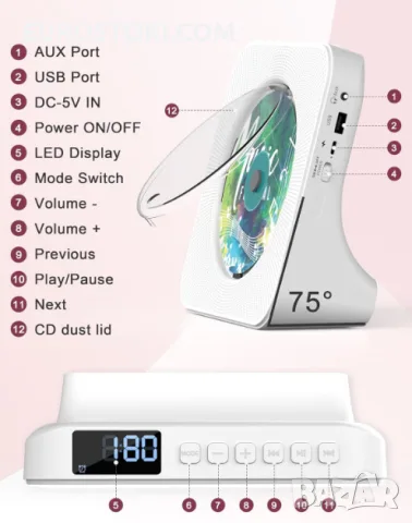 CD плейър Greadio KC-806, Bluetooth 5.0, мултифункционален CD плейър с високоговорители, FM радио, снимка 6 - MP3 и MP4 плеъри - 56134329