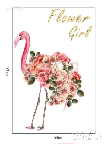 Фламинго с цветя опашка стикер за стена и мебел стая самозалепващ, снимка 4 - Други - 29426747