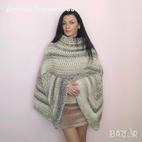 Ръчно плетено пончо с поло яка, снимка 10 - Якета - 52816699