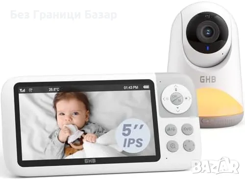 Нов GHB Бебефон с Камера 5" HD, VOX, Панорама, Нощно Виждане за стая