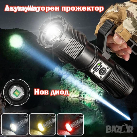 Мощен далекобоен тактически прожектор акумулаторен LED ръчен фенер и къмпинг лампа за лов риболов