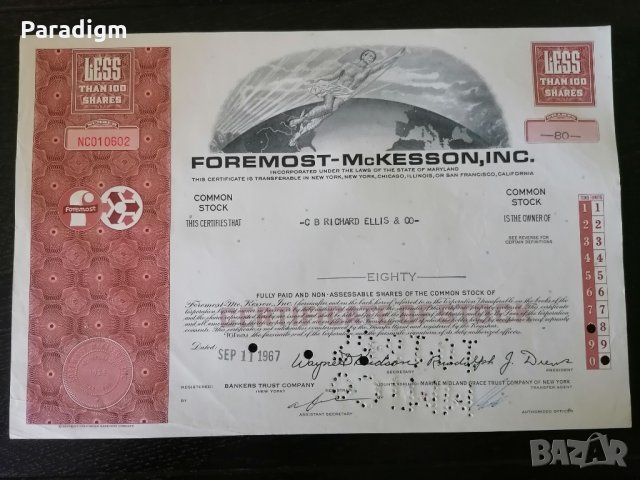 Сертификат за 80 акции (САЩ) | Foremost - McKesson Inc. | 1967г., снимка 1 - Други ценни предмети - 29300949