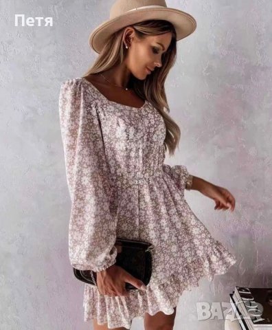 Ефирна Рокля в бежово с флорален десен