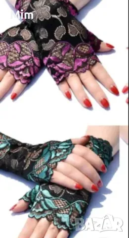 Еластични дантелени ръкавици в черно, телесен цвят с зелени и черни цветя 