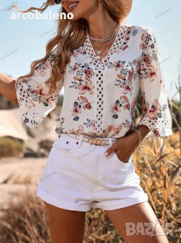 Дамска риза с разкроени ръкави и щампа с V-образно деколте, 5цвята , снимка 2 - Ризи - 39887714