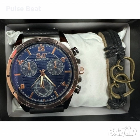 Мъжки часовник S&T Seek Time с кожена гривна – подаръчен комплект, снимка 5 - Подаръци за мъже - 52045240