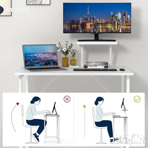 Сгъваема маса със стойка за монитор, бяла, компютърна 80 x 45 x 75 см,