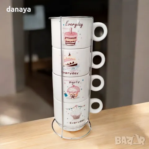 5547 Комплект керамични чаши на метална стойка Everyday Happy