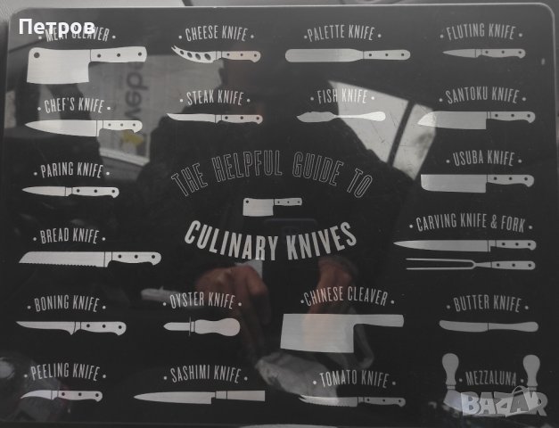 Стъклена дъска за рязане с изображения и имена на ножове, снимка 2 - Аксесоари за кухня - 44339547