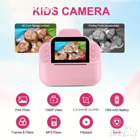 Детски фотоапарат за моментни снимки с дисплей мини термален Принтер с хартия комплект Розов Син, снимка 7 - Фотоапарати - 49648947
