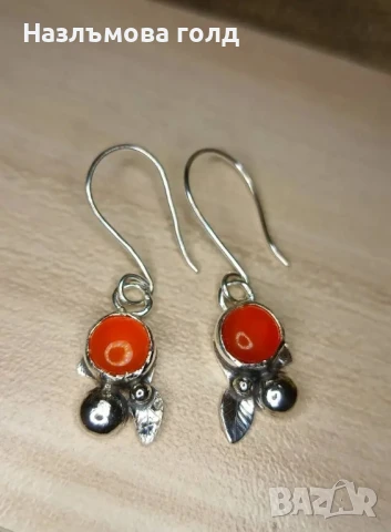 Сребърни обеци с карнеол, ръчна изработка, Уникат, снимка 3 - Обеци - 50786419