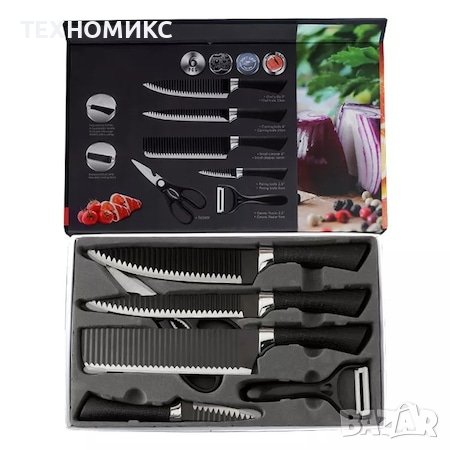

Комплект ножове 6 части HausRoland H-007,Нераждаема стомана,оребрени остриета,незалепващо покритие, снимка 1 - Прибори за хранене, готвене и сервиране - 44175700