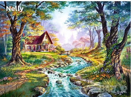 Диамантен 5D гоблен Гора с къща и река 30/20
