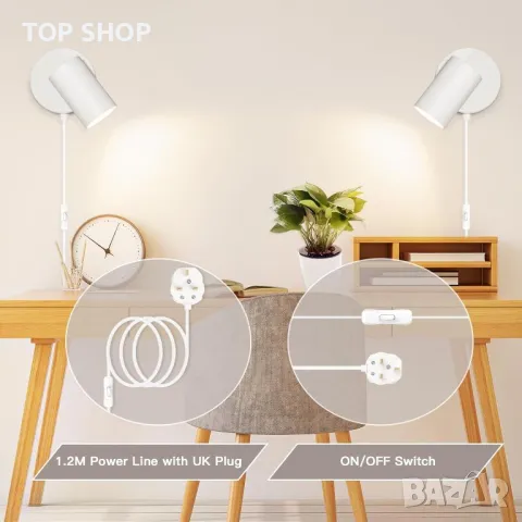 TaFiCo 2 бр. модерна бяла стенна лампа с щепсел - GU10, регулируема на 350° - 7 W, снимка 6 - Лампи за стена - 49640937