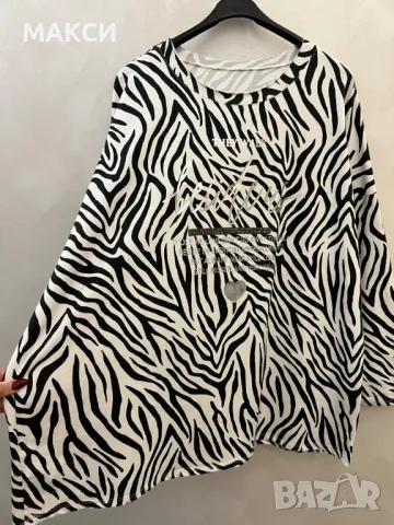 Модерна памучна еластична блуза с надписи и ефектни кристали декорация в десен зебра, снимка 2 - Блузи с дълъг ръкав и пуловери - 47653503