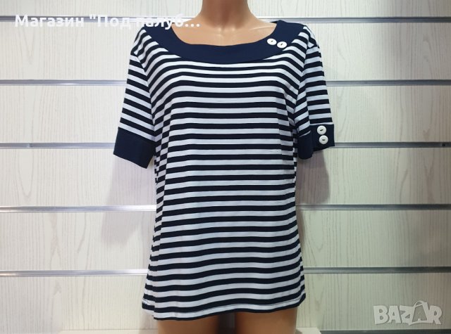 Нова дамска елегантна моряшка блуза с къс ръкав на тънко райе, снимка 3 - Тениски - 30313529