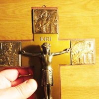 Стар кръст разпятие Христово, Исус Христос 22 х 16 см  със орнаменти и  светии от бронз, бронзови, снимка 1 - Антикварни и старинни предмети - 35417142