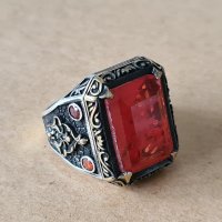 мъжки сребърен пръстен с червен камък, снимка 2 - Пръстени - 35124628