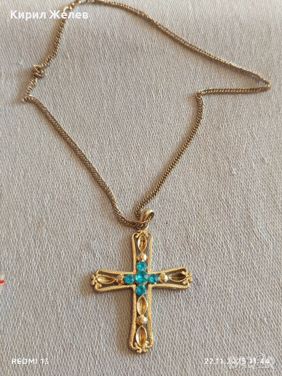 СРЕБРИСТ ГЕРДАН с КРЪСТ и ИНКРУСТИРАНИ СИНИ КАМЪНИ ТЮРКОАЗ ТОПАЗ 52231, снимка 1