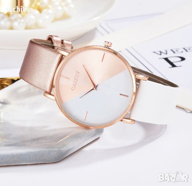 Страхотен нов двуцветен дамски часовник с кожена каишка в бял и бежов цвят., снимка 1