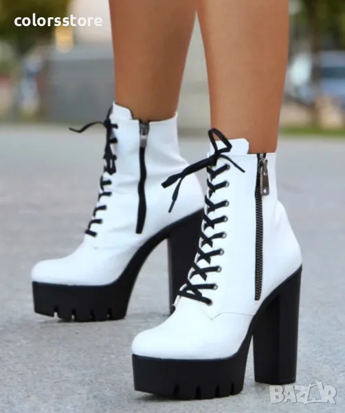 Боти на ток - бяла кожа с черно ходило - BT13, снимка 1